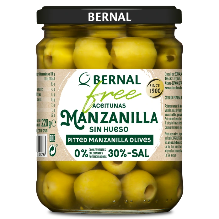 Aceitunas Manzanilla sin Hueso, Bernal Free, 445ml